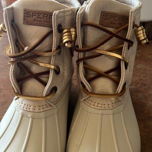 Cream and gold sperry duck boots